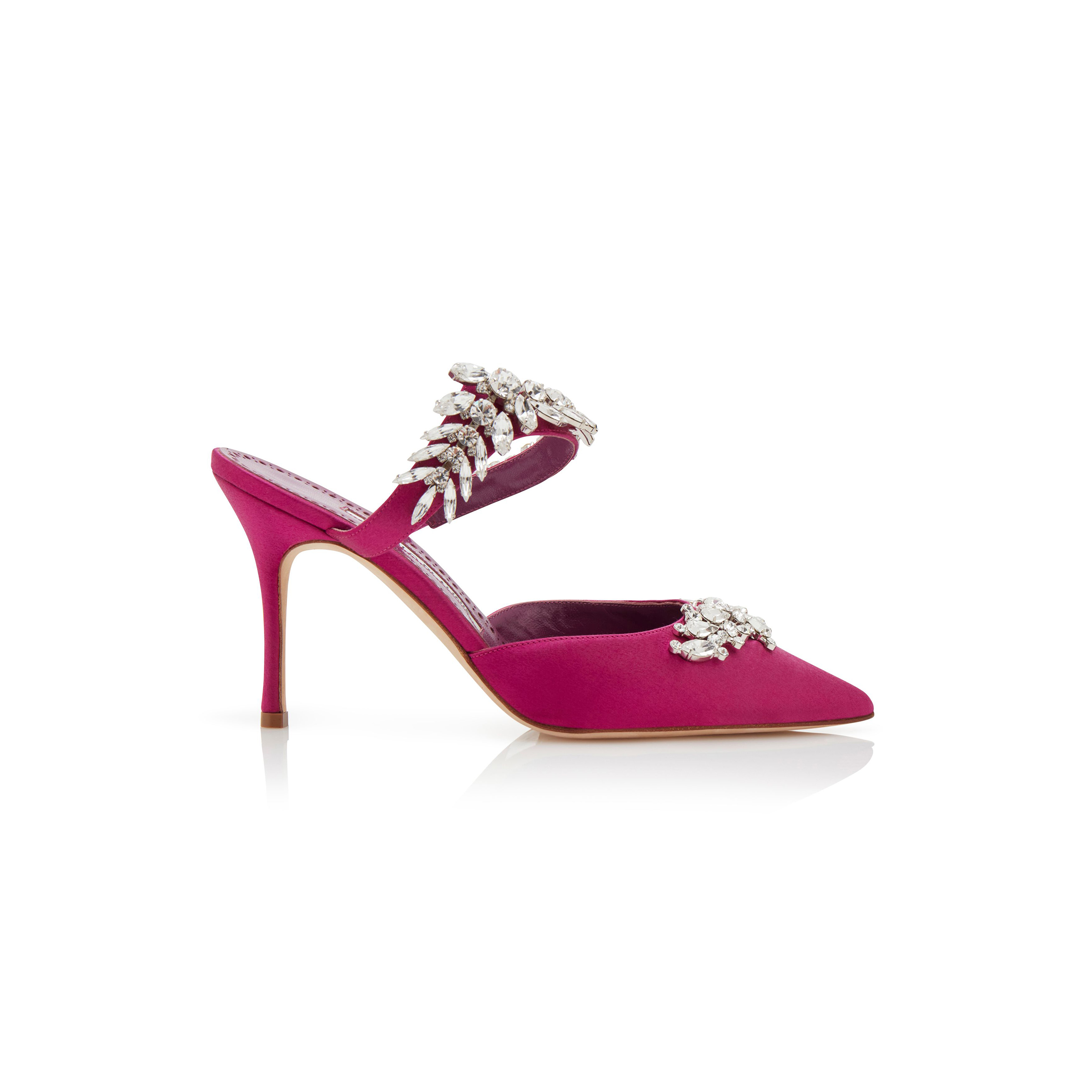 MANOLO BLAHNIK LURUMUS FUCHSIA SATIN CRYSTAL EMBELLISHED MULES 9XX-0362-0030